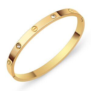 18K Gold Plated Bangle with Zircon Stones, Screw Motif, Stainless Steel